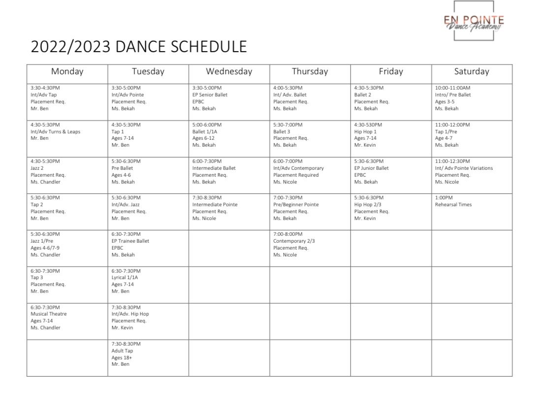 Class Schedule En Pointe Dance Academy